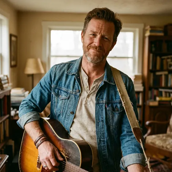 Eddie Kershaw in a denim jacket and a worn henley, holding an old sunburst acoustic guitar in a living room lined with books.